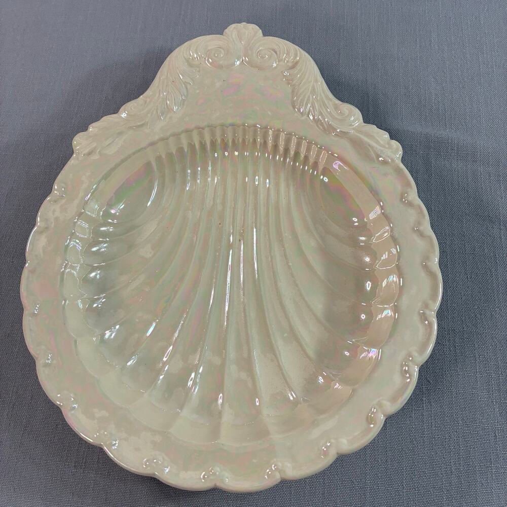 Vintage Iridescent Shell Shaped Ceramic Trinket Dish Soap Holder Vanity Decor